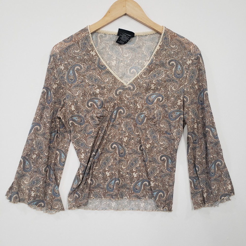 No Boundaries Paisley Bell Sleeve Top Juniors Large Blue Brown Y2K Boho Fairy